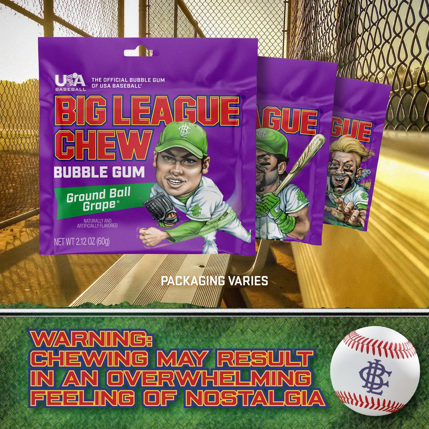 Big League Chew G  Bubble Gum - 3-Pack, 2.12oz Packets, Purple, Baseball Candy for   & Party Favors