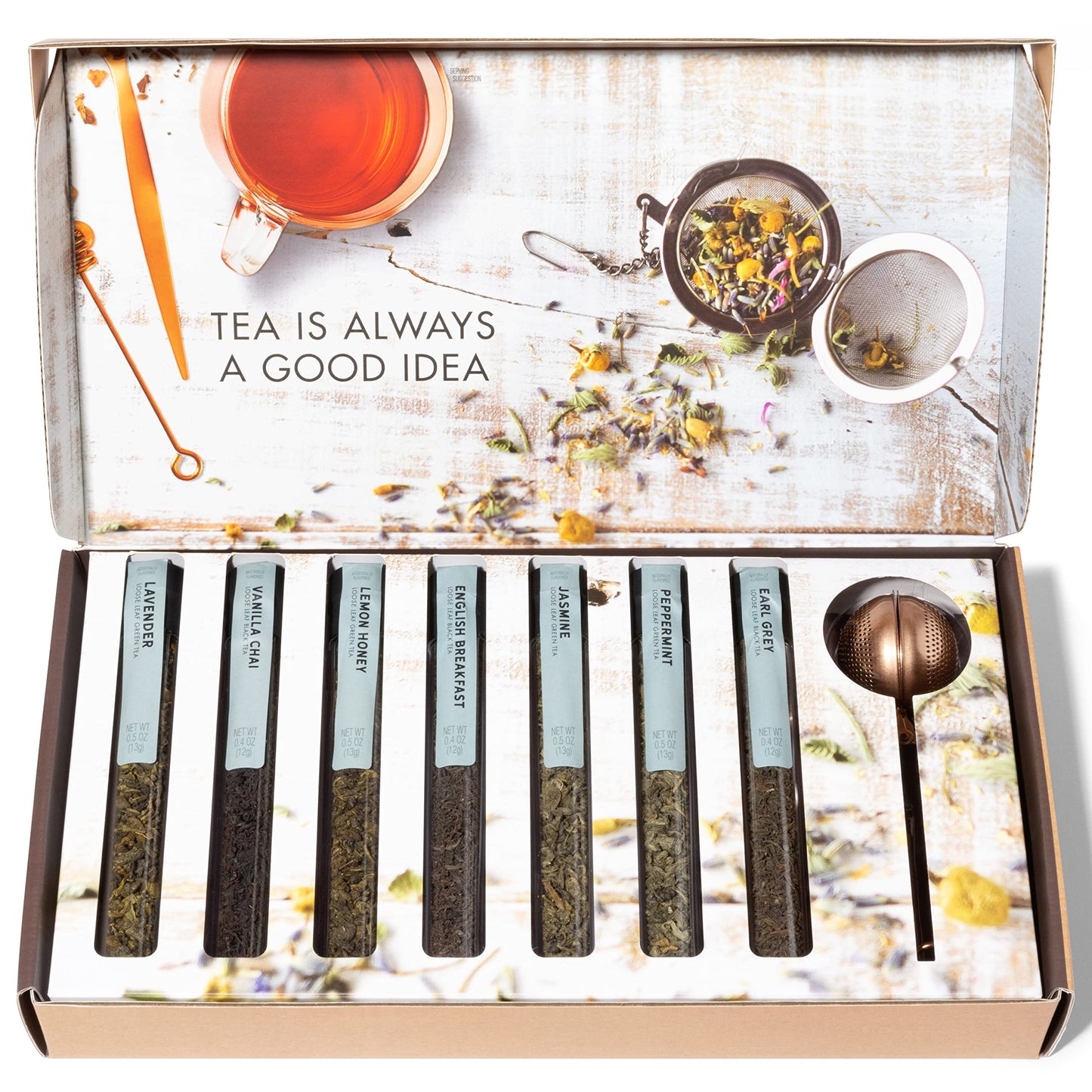 Thoughtfully Gourmet, Tea Therapy Infusion Gift Set, 7 Unique Flavors And Reusable Copper Ball Infuser, Loose Leaf Tea Set Flavors Include Peppermint, Jasmine, Vanilla Chai And More, Set Of 7