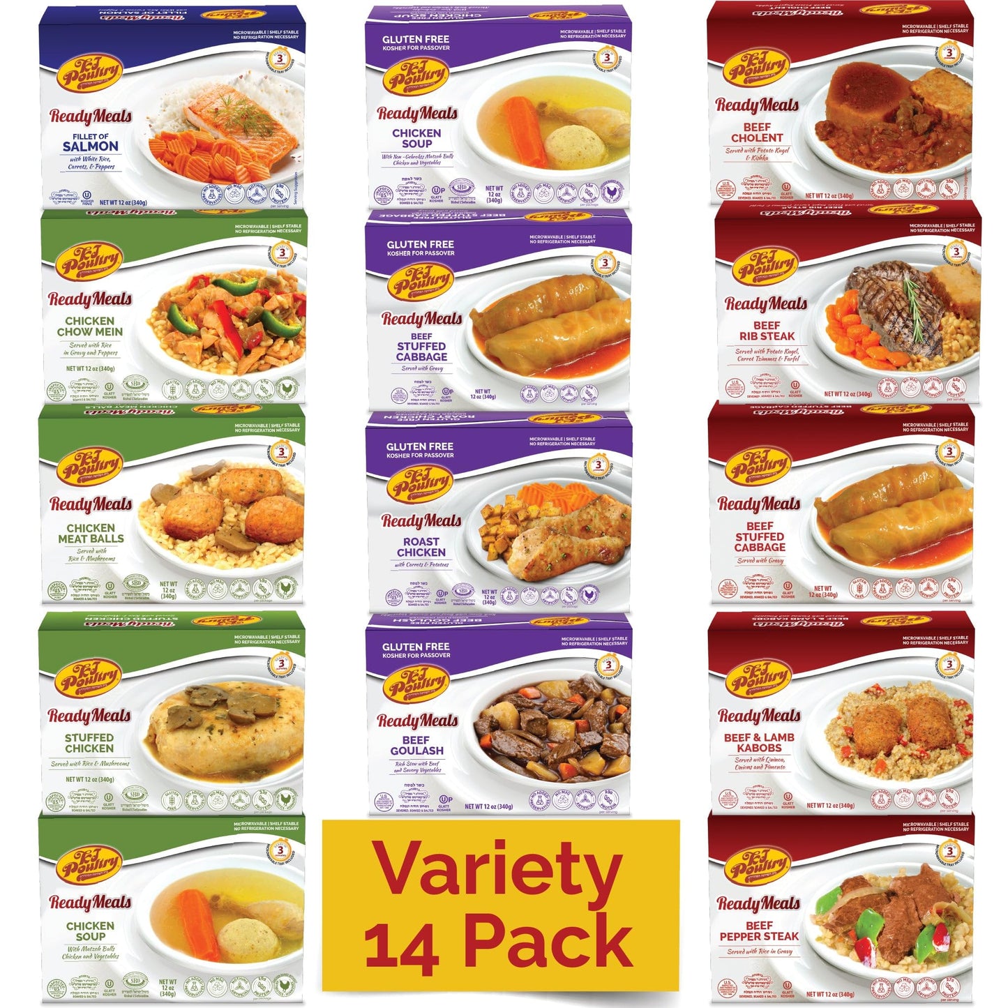 KJ Poultry Kosher Ready Meals - Chicken  Beef and Salmon Fish (14 Pack Variety) Prepared Entree Fully Cooked  Shelf Stable Microwave Dinner Travel  Military  Camping  Emergency Survival