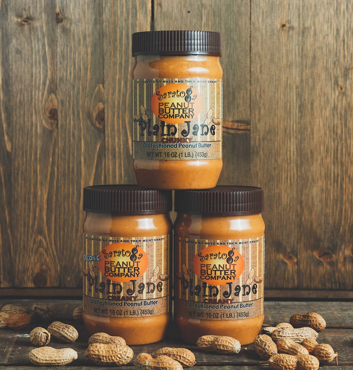 Saratoga Peanut Butter Company Plain Jane Creamy Peanut Butter, All Natural, 16 Oz, Vegan, Gluten Free, Low Sodium, Non GMO