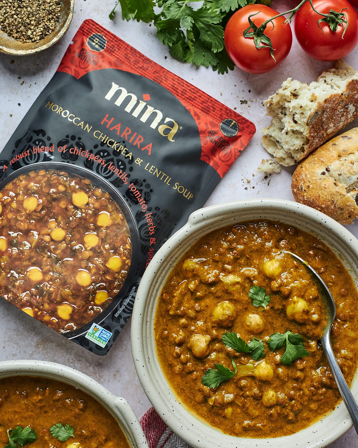 Mina Harira, Moroccan Chickpea & Lentil Soup, Ready to Eat Meals,10 oz Gluten Free Soup, High In Plant Based Protein, Microwavab