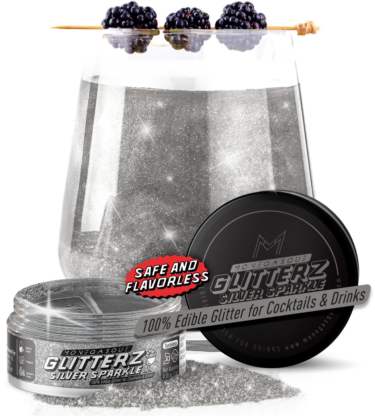 MONÉGASQUE Silver Edible Glitter for Drinks & Cakes, 10g, Sparkle Finish