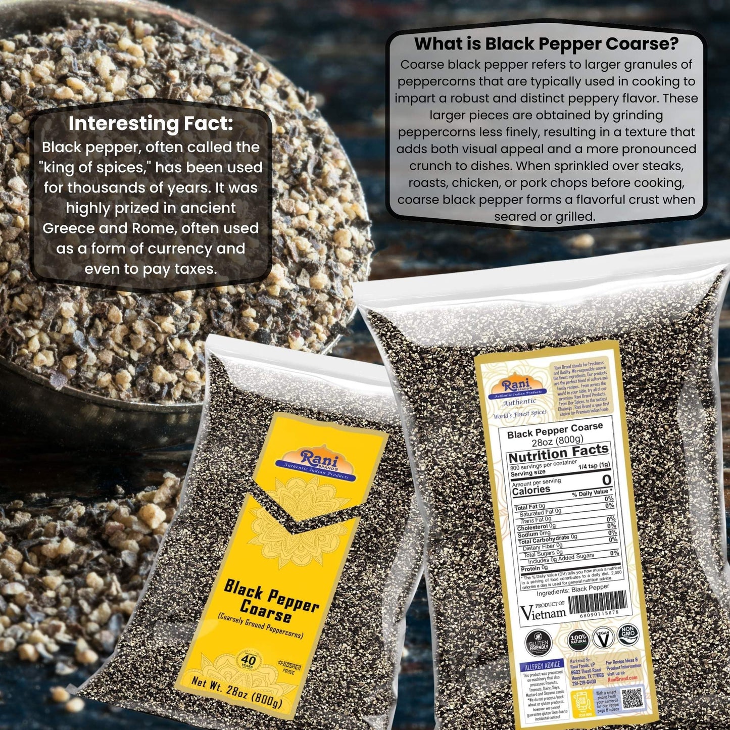 Rani Black Pepper Coarse Ground 28 Mesh (Table Grind) 28Oz (1.75Lbs) 800G ~ All Natural | Vegan | Gluten Friendly | Non-Gmo | Ko