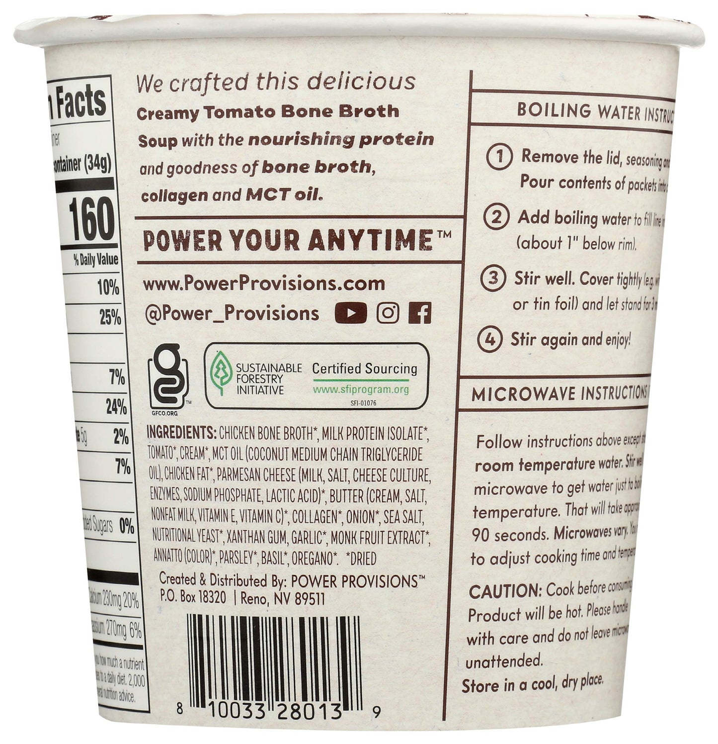 Power Provisions Keto Creamy Tomato Bone Broth Soup Cups - Instant Soup Cup - Collagen Infused - Gluten Free Soup - 1.2 oz. - Pa
