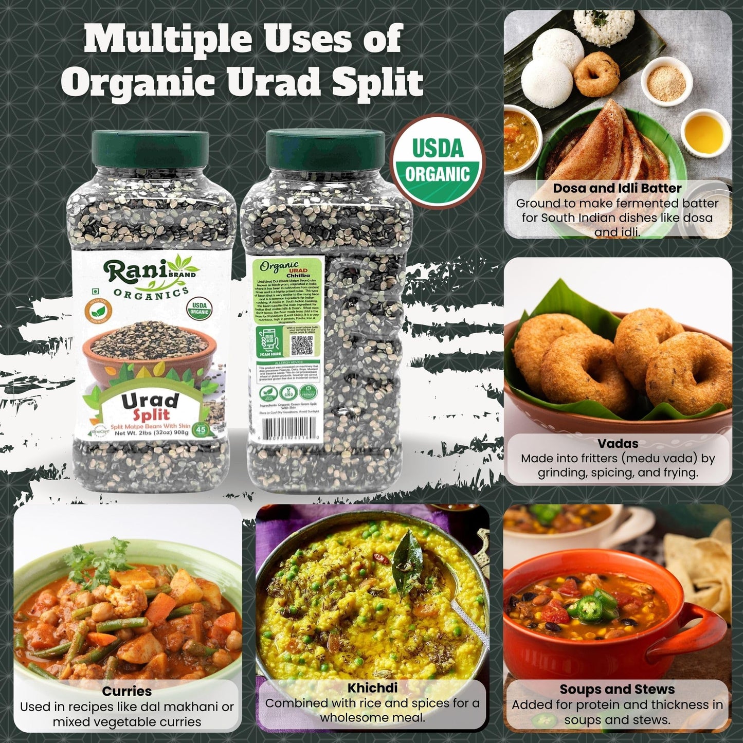 Rani Organic Urid/Urad Split Chilka (Split Matpe Beans With Skin) 32Oz (2Lbs) 908G Pet Jar ~ All Natural | Gluten Friendly | Non