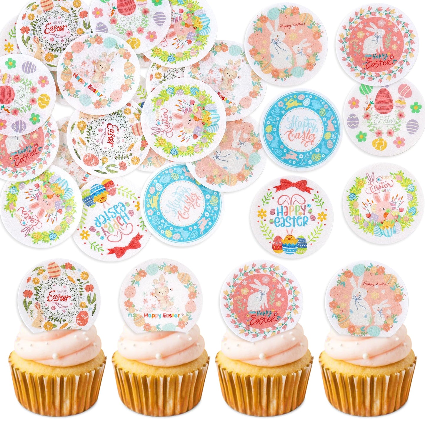56 Pcs Easter Edible Cupcake Toppers With Bunny Egg Decorations For Birthday  Rabbit Theme Party And Baby Shower Party (Easter Bunny Round)