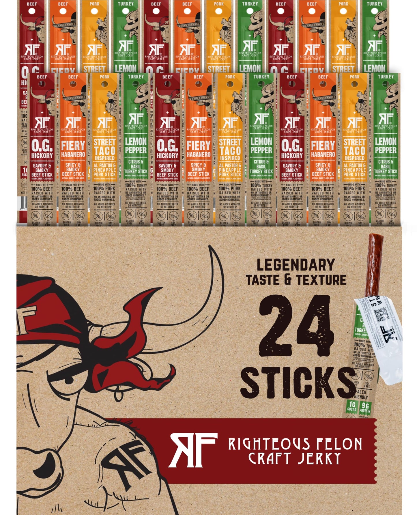 Righteous Felon Meat Sticks Variety Pack | Healthy Snack for mature-themeds | Gluten Free & Keto Meat Sticks | Low Sugar & High Protein | Turkey  Pork  Beef Sticks | Jerky Gifts for Men | 24 Pack