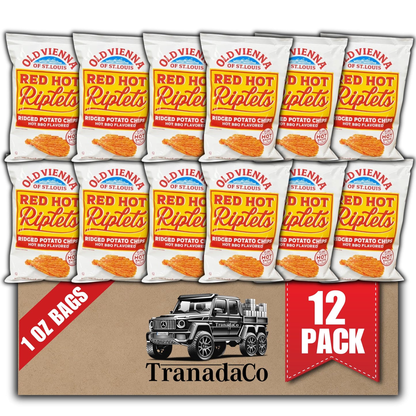 TRANADACO Old Vienna Red Hot Riplets BBQ Chips, 1oz Bags, 12 Pack