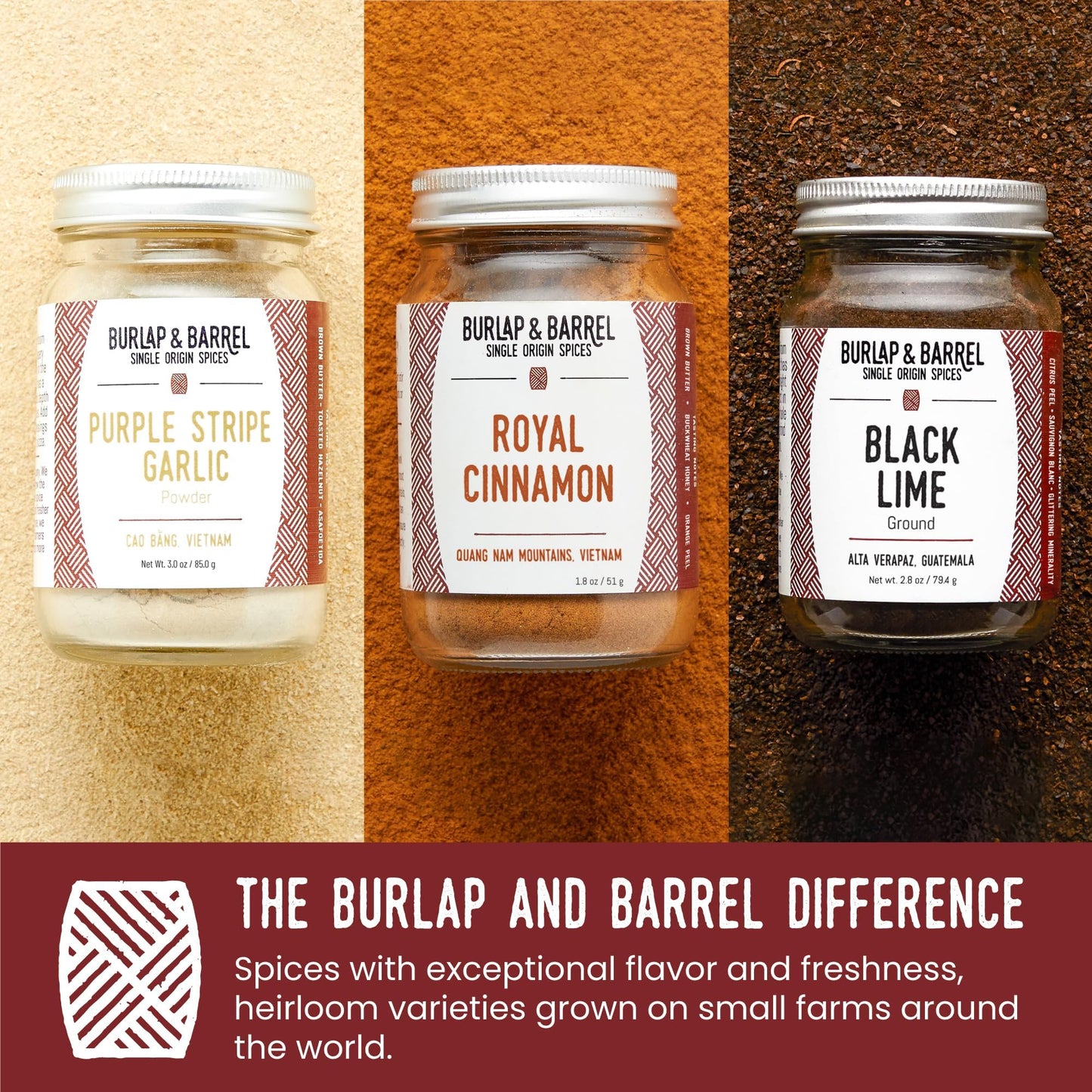 Burlap & Barrel Spice Gift Set – 3 Full-Size Jars (2.6 Oz Each) – Includes Cinnamon, Garlic & Lime Seasonings
