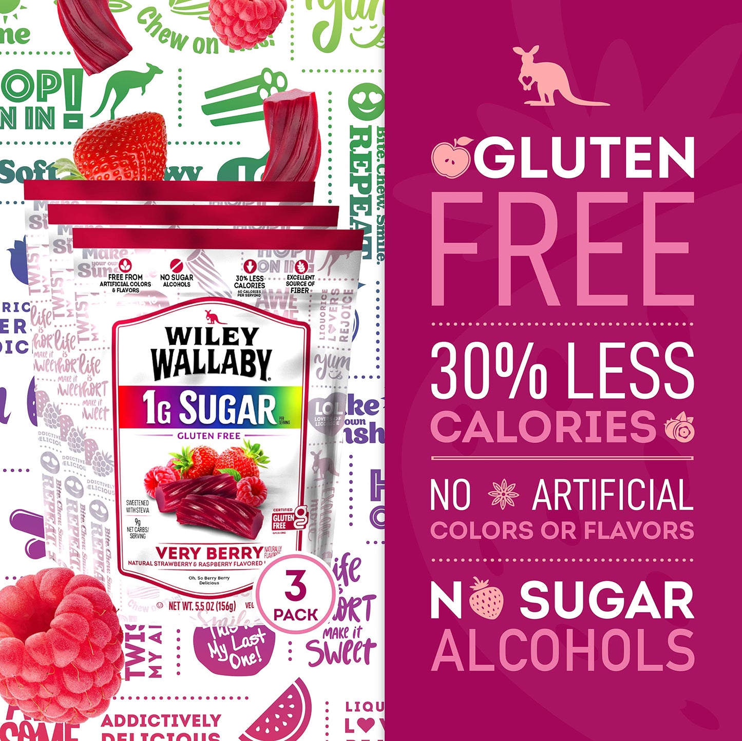 WILEY WALLABY Gourmet Soft & Chewy Licorice Candy Twists, Very Berry, Gluten Free, 5.5 Ounce (Pack of 3)