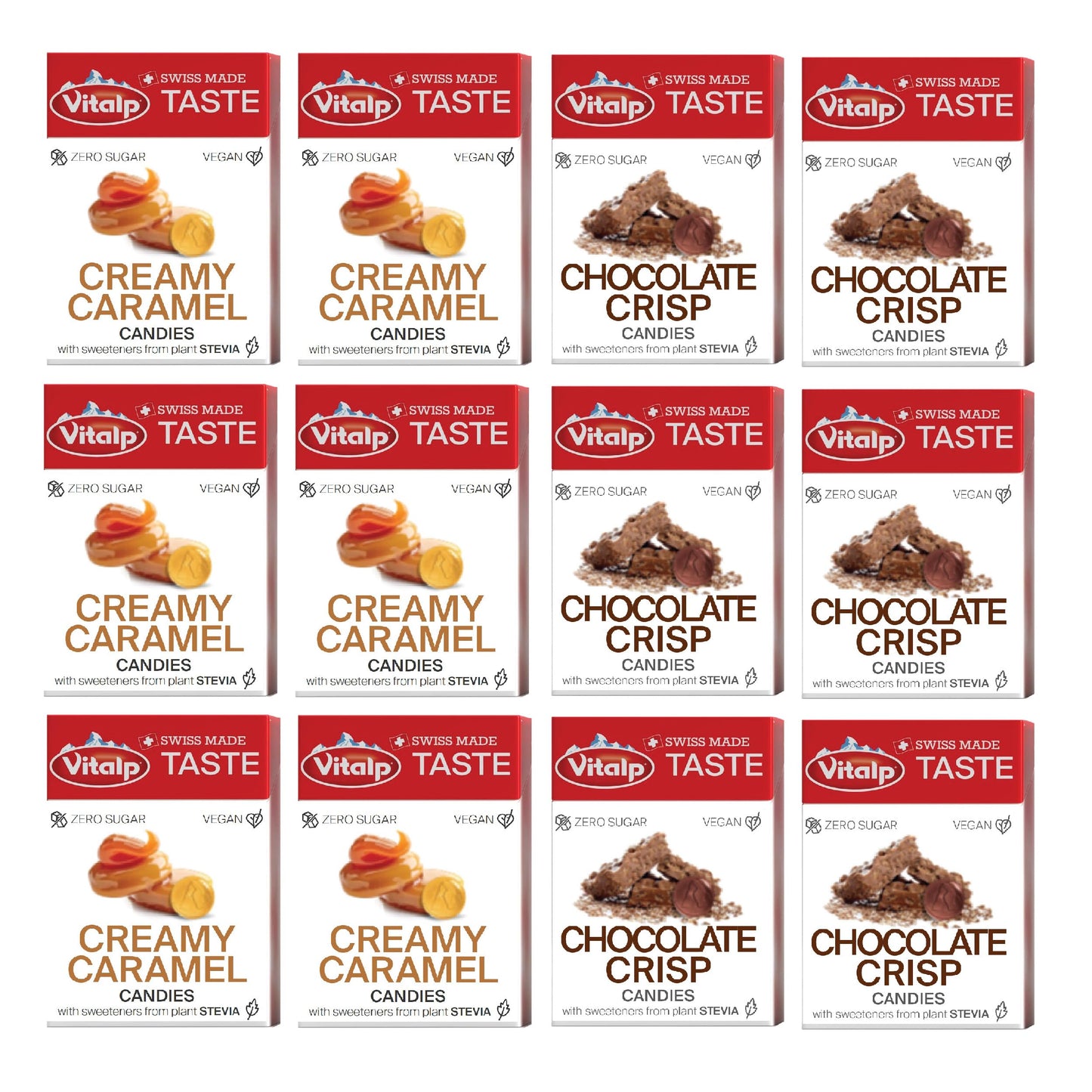 Vitalp Taste  Swiss Made  Sugar Free Hard Candy With Stevia  Vegan  Variety Pack  6 Boxes Each Of Creamy Caramel And Chocolate Crisp Flavors  25G/0.88 Ounce Packs  12 Boxes Total
