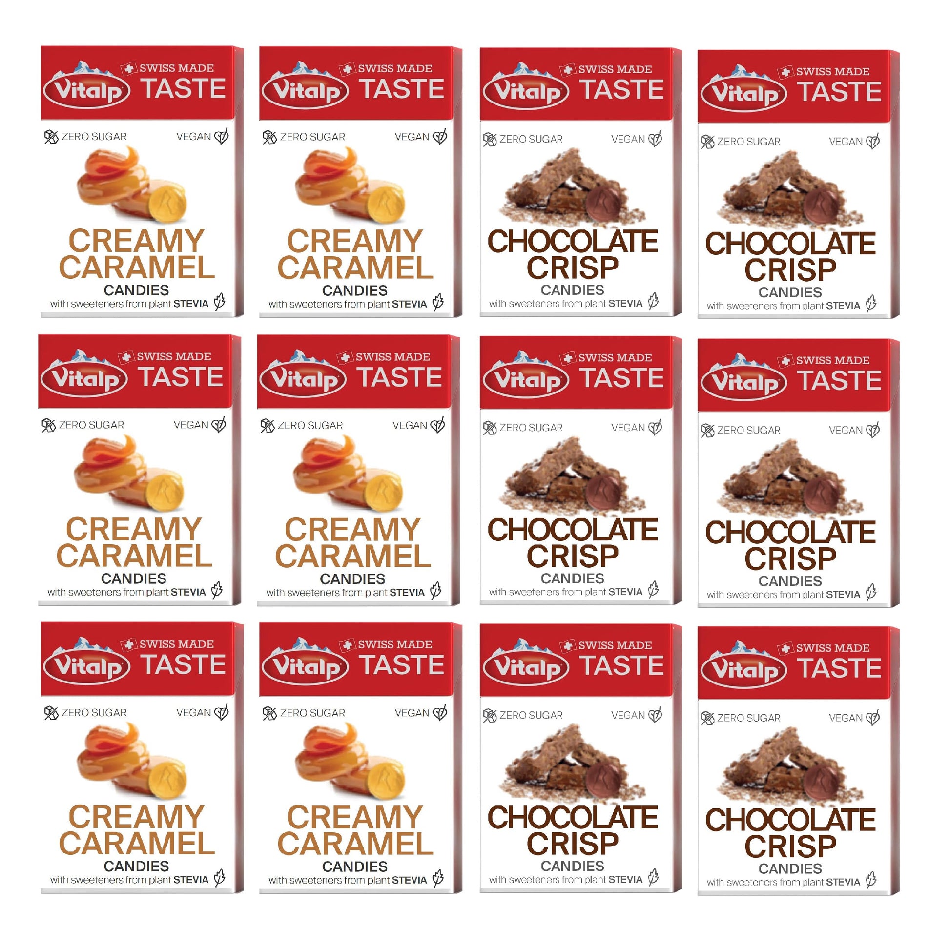Vitalp Taste  Swiss Made  Sugar Free Hard Candy With Stevia  Vegan  Variety Pack  6 Boxes Each Of Creamy Caramel And Chocolate Crisp Flavors  25G/0.88 Ounce Packs  12 Boxes Total