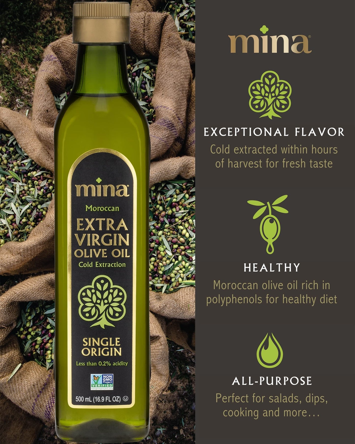 Mina Olive Oil Extra Virgin 16.9 Fl Oz, New Harvest, Polyphenol Rich Olive Oil for Cooking, Moroccan EVOO, Single Origin, Cold E