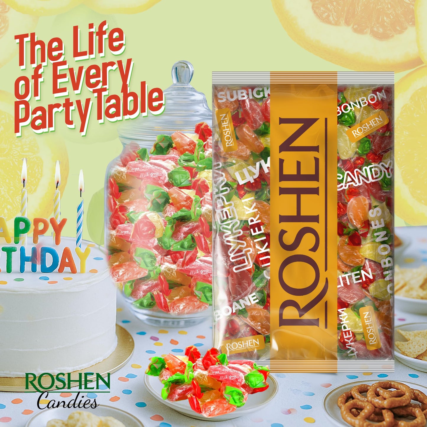 Roshen Citrus Mix Hard Candy - Assorted Fruit Flavors  Individually Wrapped  Bulk 2.2 lbs (1 kg) - Approx. 144 Pieces - Orange  Lemon & Gfruit - Kosher  Halal  Made with Real Fruit Juice