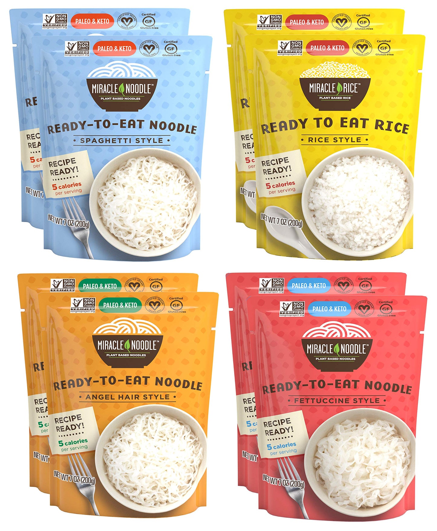 Miracle Noodle Variety Pack (Angel Hair, Fettuccine, Spaghetti & Rice) - Ready-To-Eat, Shirataki Noodles, Shirataki Rice, Keto, Gluten Free, Low Carb, Low Calorie, Konjac Noodles - 2 Bags Each, 8-Pack