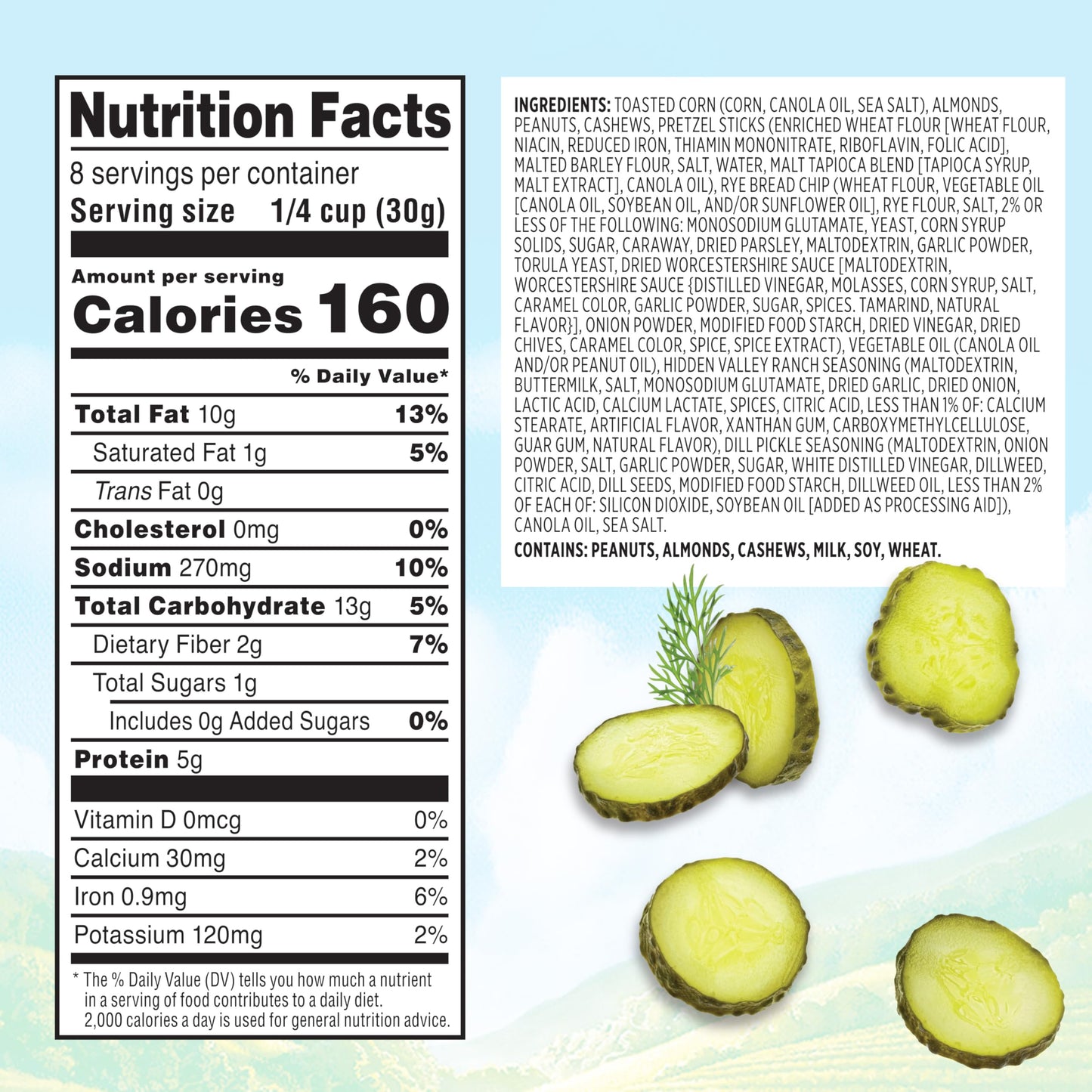 Snak Club Hidden Valley Ranch And Dill Pickle Flavored Snack Mix, Toasted Corn, Roasted Almonds, Peanuts, Salted Cashews, Mini Pretzel Sticks, Rye Bread Chips, 8 Oz Resealable Bag