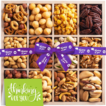 NUT CRAVINGS Gourmet Collection - Thinking of You, Nuts Gift Basket with Thinking of You Ribbon + Greeting Card in Reusable Wood