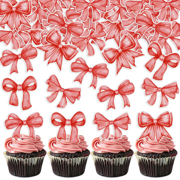 Cyodoos 40pcs Edible Red Bowknot Cupcake Toppers Wafer Paper Bowknot Cake Dessert Picks Baby Shower Princess Cupcake Toppers for