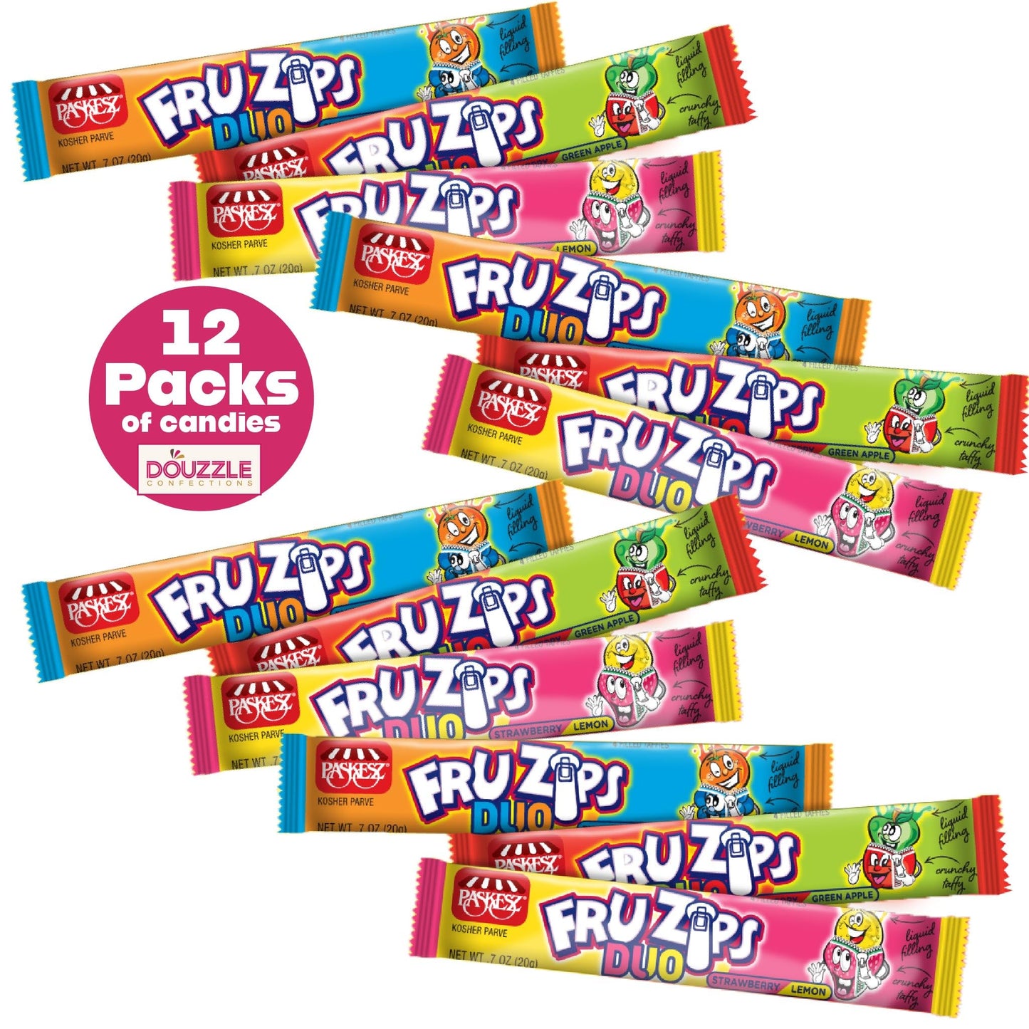 Douzzle Fruzips Fun Size Duo, Filled Taffies Assorted Flavors (12 Count, Pack Of 1) Individually Wrapped Candies, Birthday Party