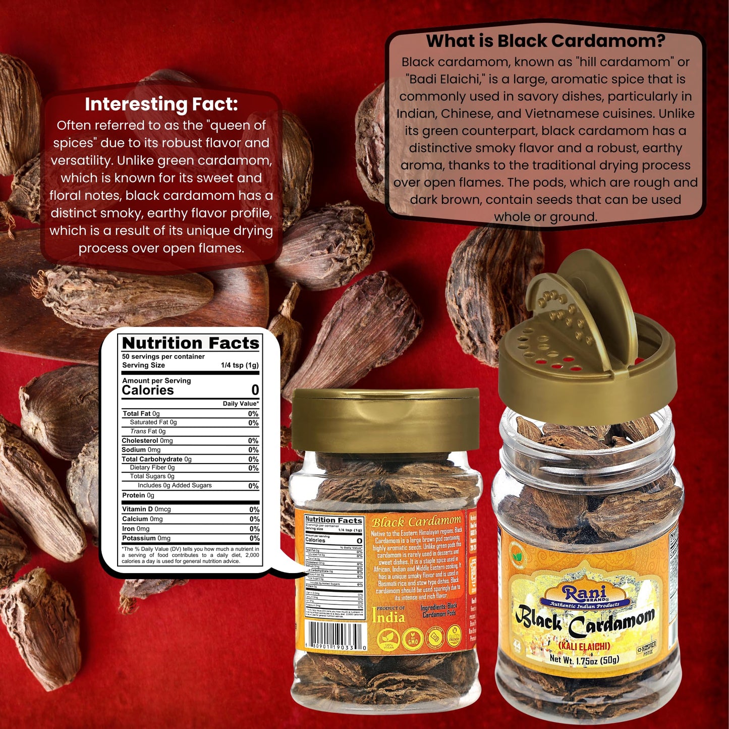 Rani Black Cardamom Pods (Kali Elachi) Whole Indian Spice 1.75Oz (50G) Pet Jar ~ All Natural | Vegan | Gluten Friendly | Non-Gmo | Indian Origin ~ Smokey | Tsaoko | Cao Guo | Bach Dan Khau | Badi