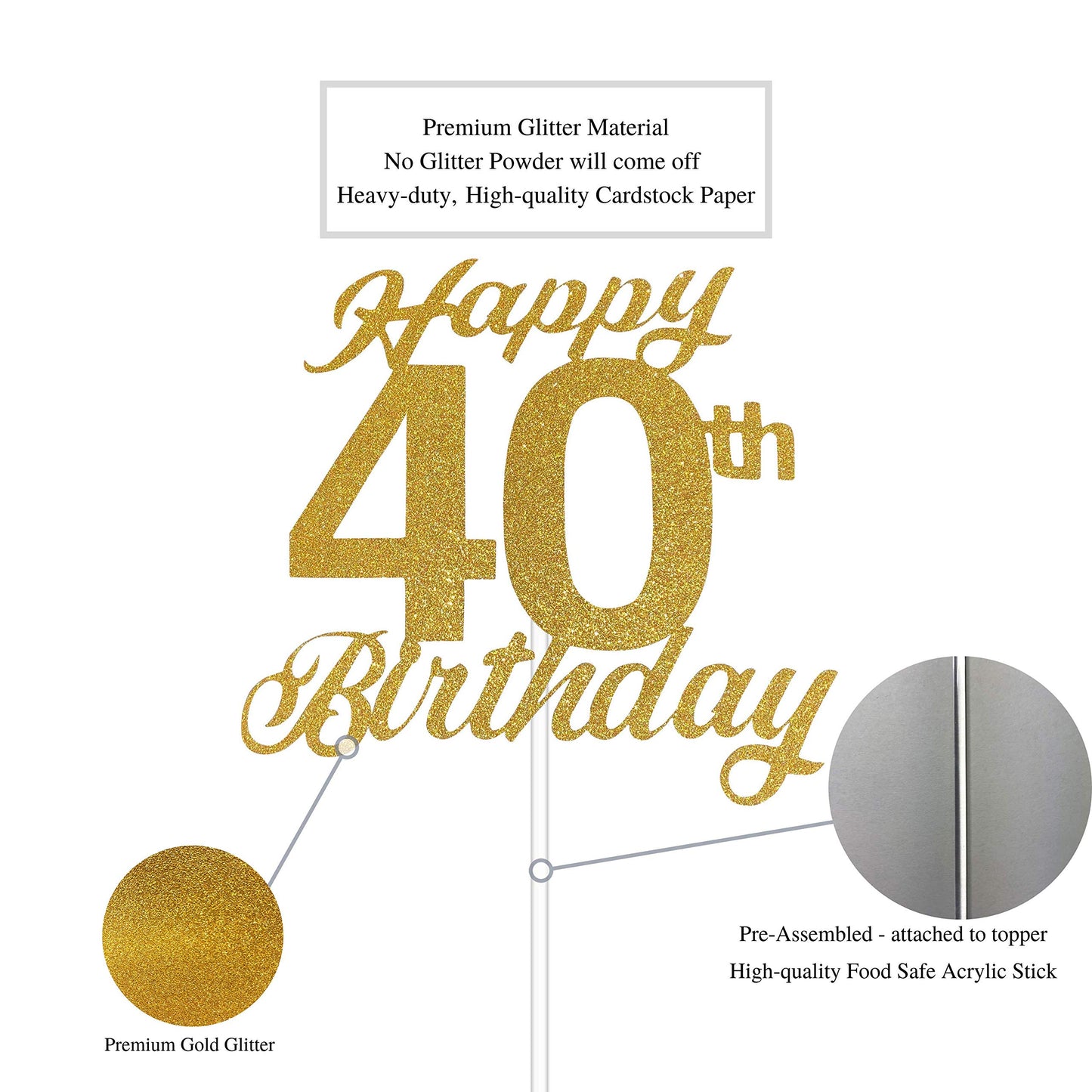 40Th Birthday Cake Topper, 40Th Happy Birthday Party Decoration With Premium Gold Glitter