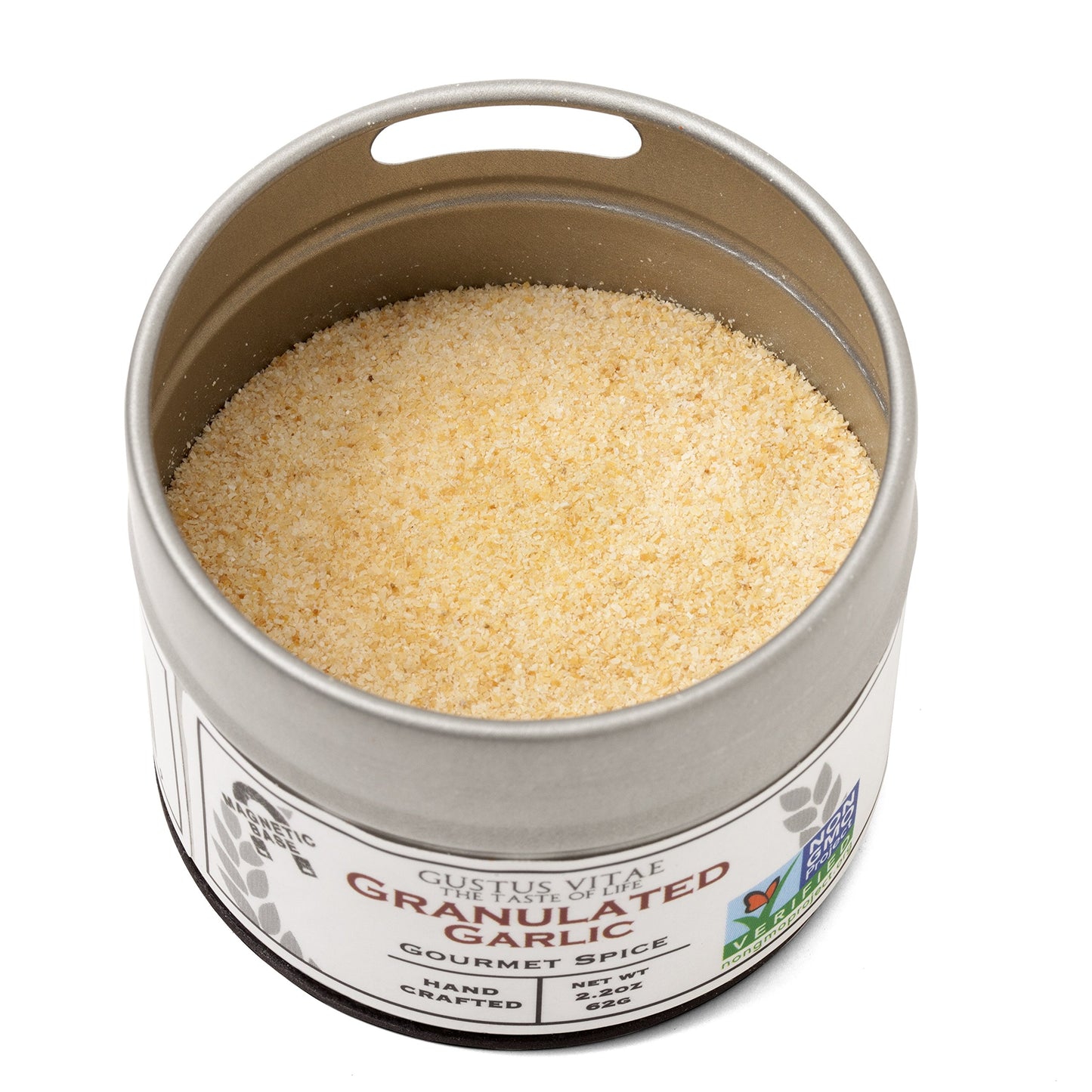 Gustus Vitae Granulated Garlic - All Natural, Non-GMO, 2.2 Ounce, Silver Magnetic Tin