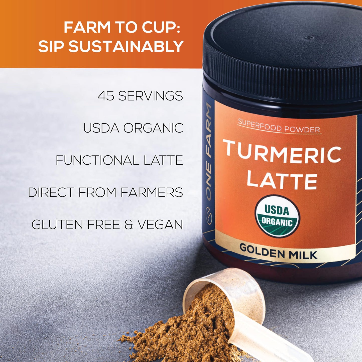 One Farm by WAAYB Turmeric Latte Powder, USDA Organic, 45 Servings, Resealable Glass Jar