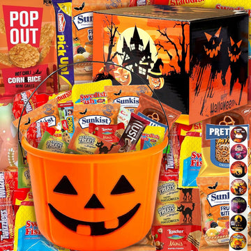 Halloween Assorted Pumpkin Bucket (44 Count) Filled with Candies  Snacks  Cookies and more   for Family  Friends  Kids  Boys and Girls
