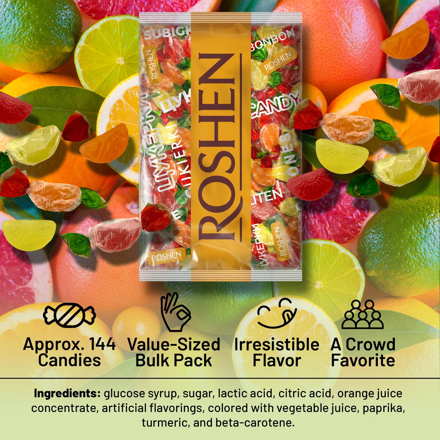 Roshen Citrus Mix Hard Candy - Assorted Fruit Flavors  Individually Wrapped  Bulk 2.2 lbs (1 kg) - Approx. 144 Pieces - Orange  Lemon & Gfruit - Kosher  Halal  Made with Real Fruit Juice