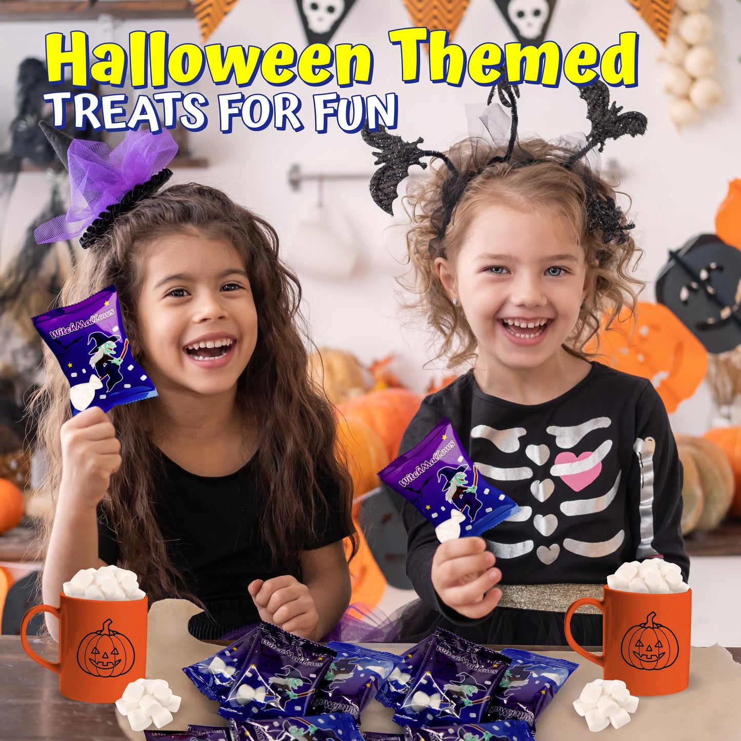 4Es Novelty 24 Pack Halloween Mini Marshmallows Indvidually Wrapped Vanilla Flavor - Halloweens Candy for Kids in Bulk  Snacks for Trick or Treat  17 Marshmallows in Each Bag (Witchmallows)