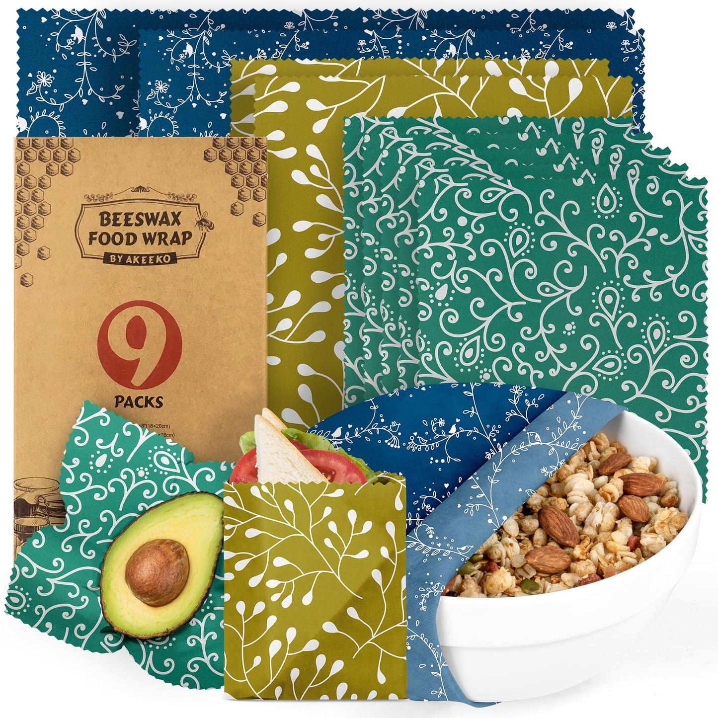 Akeeko Reusable Beeswax Food Wraps - Assorted 9 Packs  Reusable  Plastic-Free Food Storage  5 Small  2 Medium  1 Large  1 Extra Large Wraps With Abstract Curves Pattern