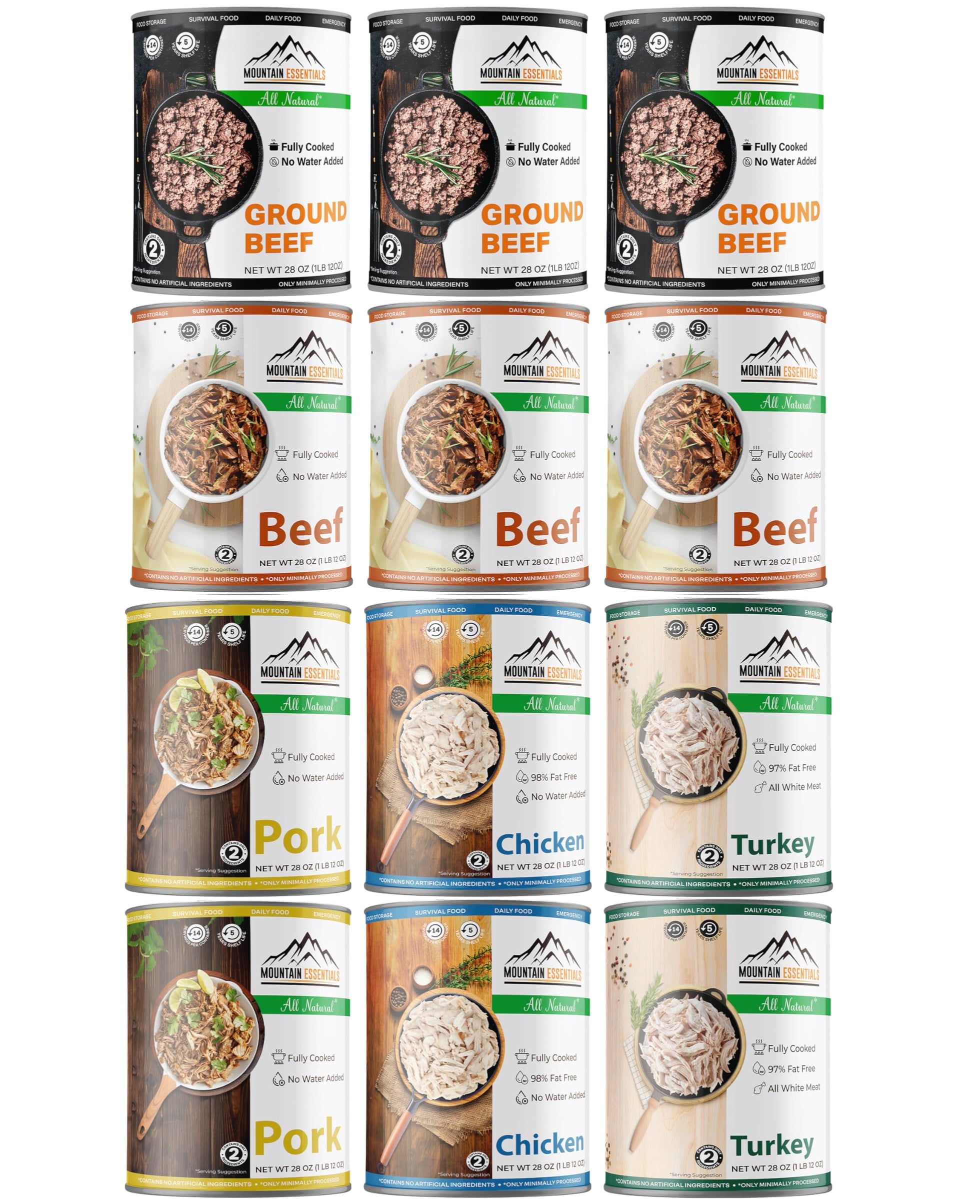 MOUNTAIN ESSENTIALS Canned Meat Variety Pack – 12 Pack, 28 Oz – Includes Beef, Chicken, Turkey, Pork – Ready to Eat Pantry Staples