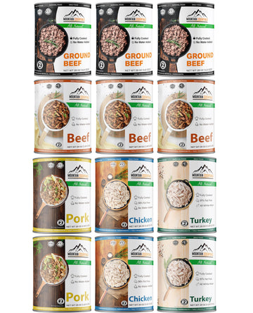 MOUNTAIN ESSENTIALS Canned Meat Variety Pack – 12 Pack, 28 Oz – Includes Beef, Chicken, Turkey, Pork – Ready to Eat Pantry Staples