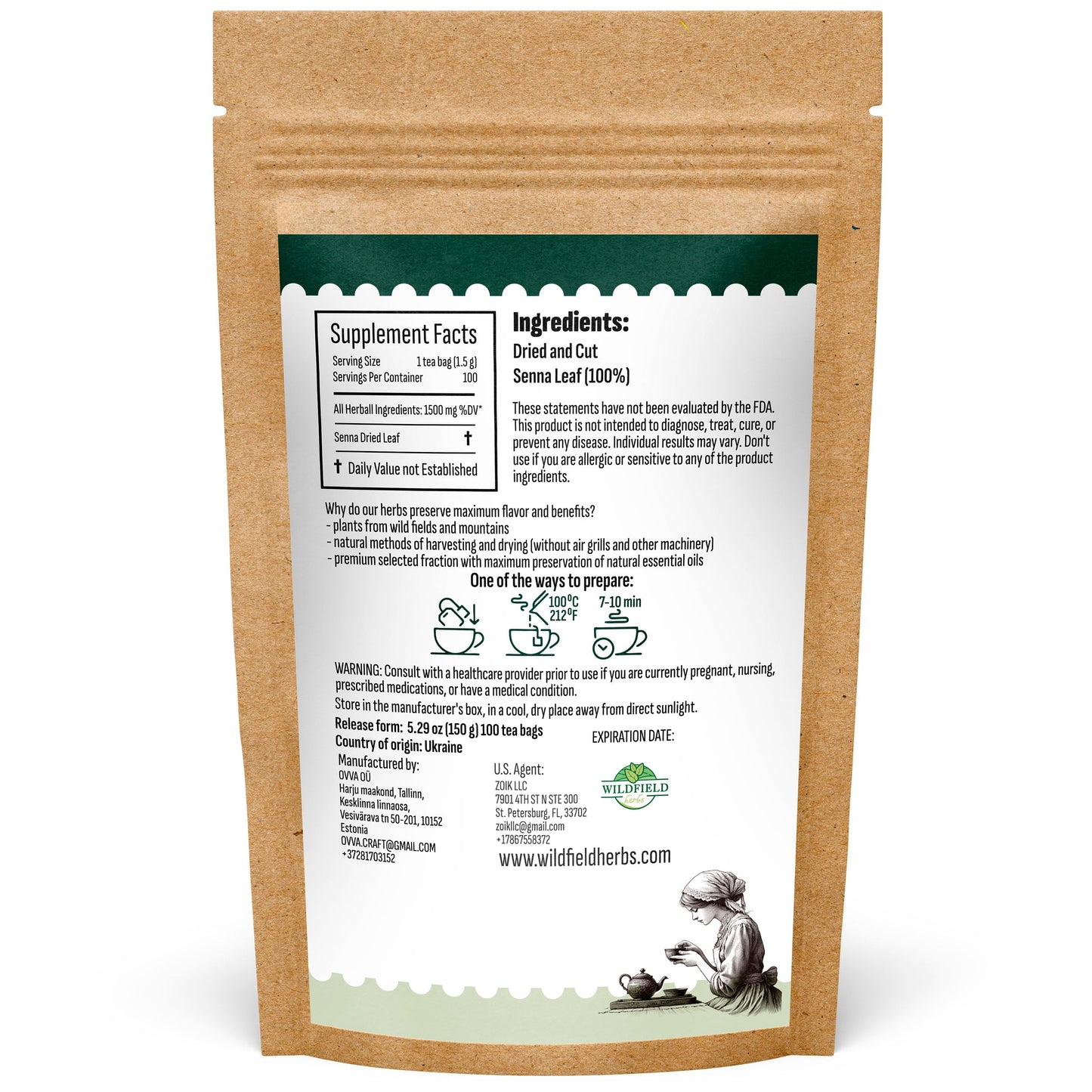 WILDFIELD HERBS Senna Leaf Herbal Tea - 100 Count Tea Bags, 1.5g Each