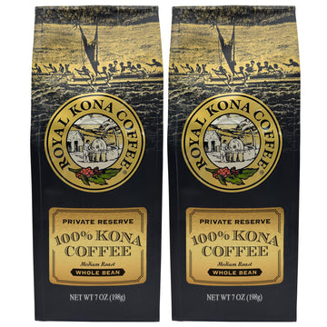 Royal Kona 2-Pack 100% Hawaiian Kona Coffee, Private Reserve Medium Roast, Whole Bean - 7 Ounce Bags (Pack Of Two)