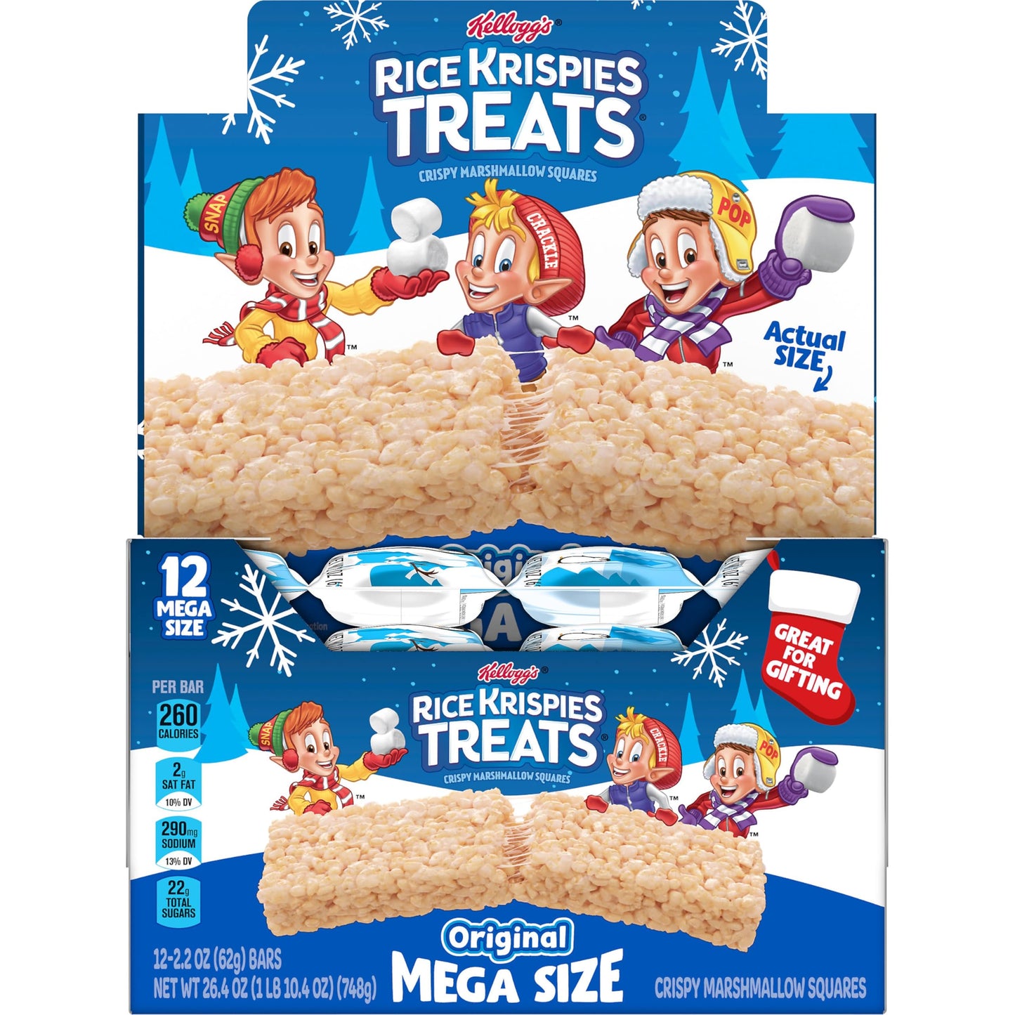 Rice Krispies Treats Mega Size Crispy Marshmallow Squares, Holiday Snacks, Original (12 Bars)