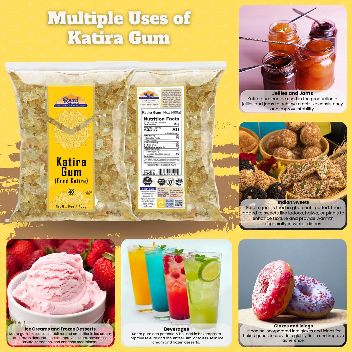 Rani Edible Gum Whole (Goonder Tragacanth Gum) 14oz - All Natural, Vegan, Gluten Friendly, NON-GMO, Indian Origin