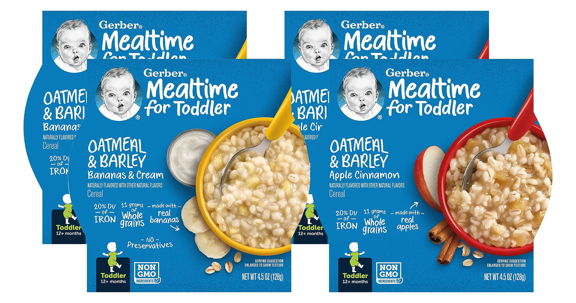 Gerber Mealtime For Toddler Meal Bowl Variety Pack, 2 Oatmeal & Barley With Bananas & Cream, 2 Oatmeal & Barley With Apple Cinna