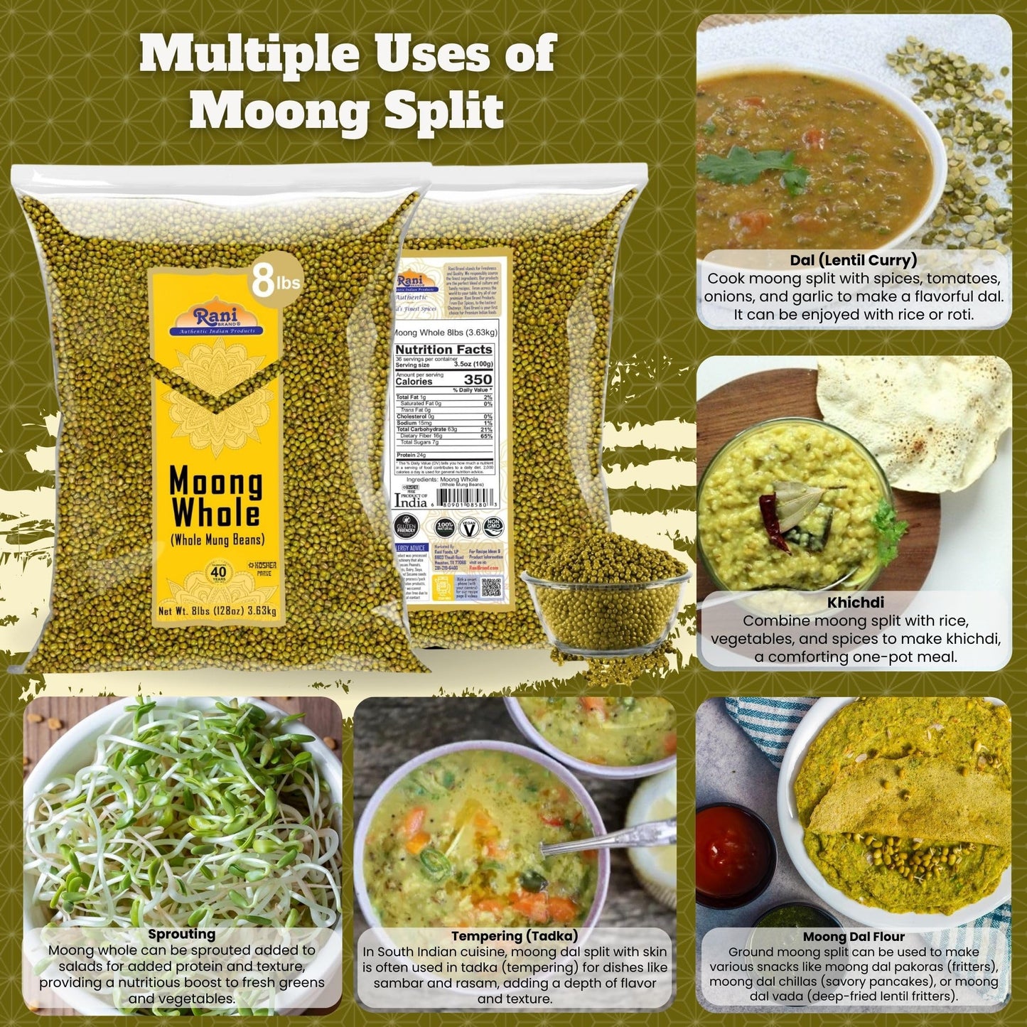 Rani Moong Whole (Ideal For Cooking & Sprouting, Whole Mung Beans With Skin) Lentils Indian 128Oz (8Lbs) 3.63Kg Bulk ~ All Natural | Gluten Friendly | Non-Gmo | Vegan | Indian Origin
