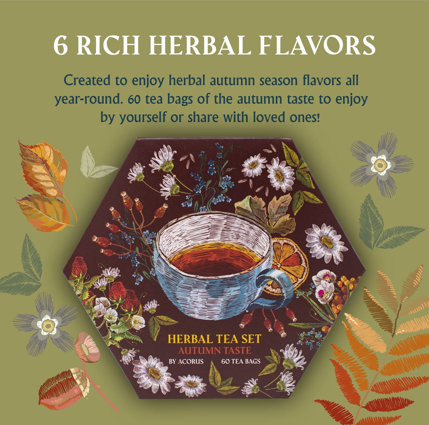 Acorus | Autumn Taste Tea Set | Natural Tea Hamper Box Gift Set Of 6 Flavors | Discover Rich Autumn Teas | Tea Gift Sets | Large