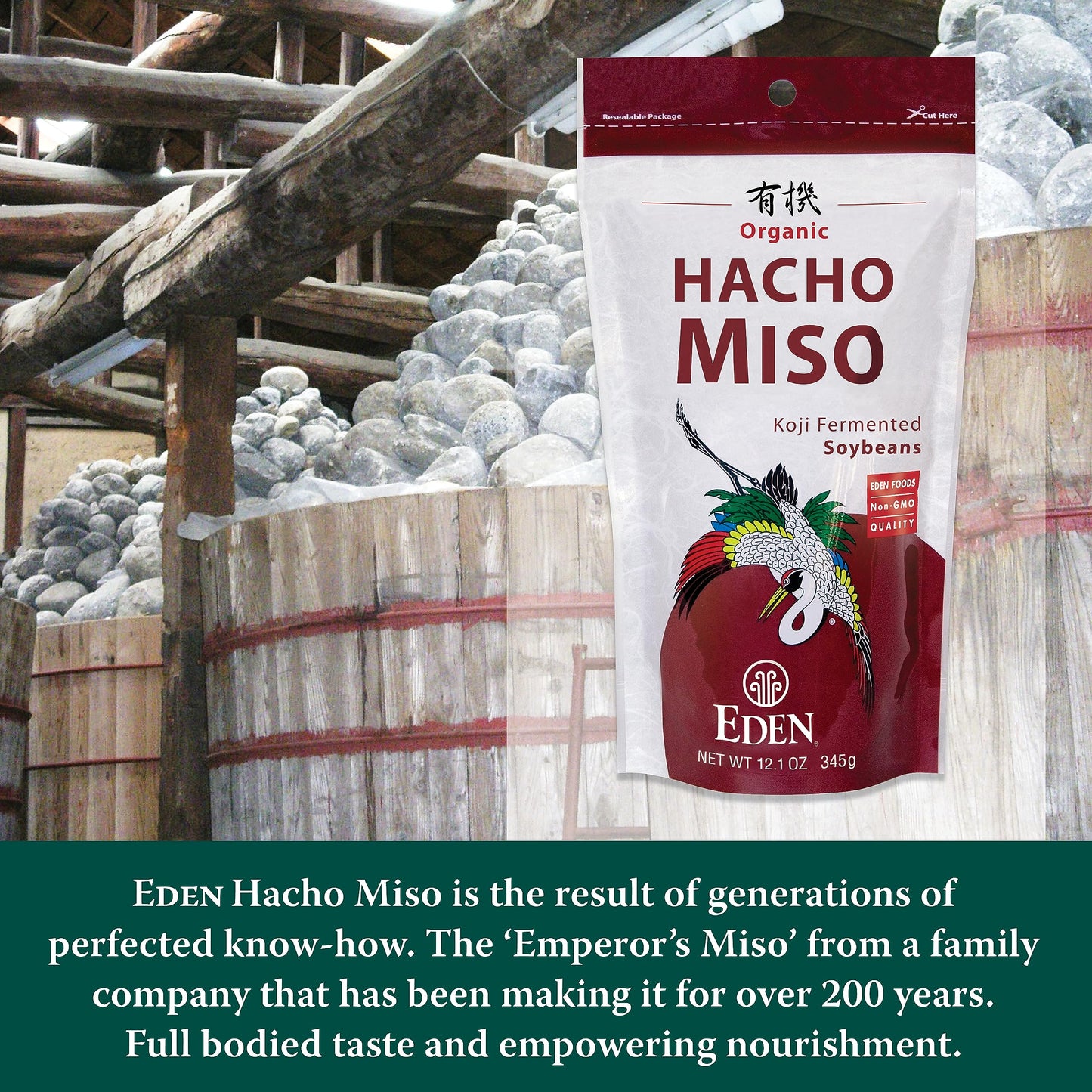 Eden Organic Hacho Miso, Traditionally Made in Japan, Soy, Koji, Rich in Umami, Dark Red, Aged 3 Years, Hatcho, 12.1 oz