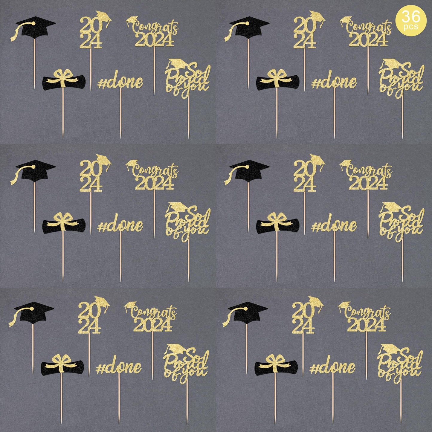 Gexolenu 36 Pcs Class Of 2024 Graduation Cupcake Toppers, Gold Glitter Double-Sided Grad Cap Cake Toppers For Graduation Party S
