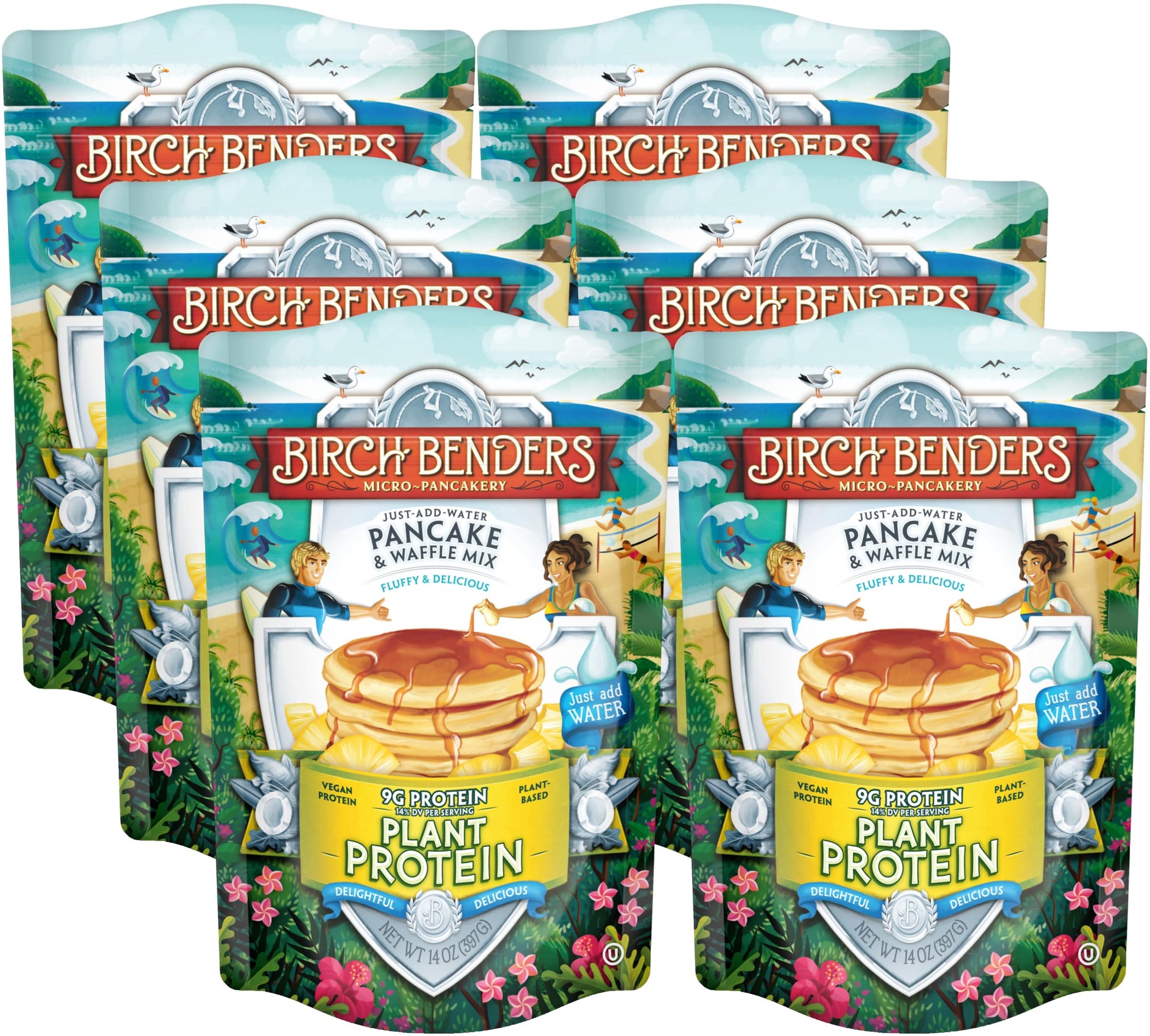 Birch Benders Plant Protein Pancake & Waffle Mix, Vegan, 9g Plant-Based Protein, Just Add Water, 14 oz (Pack of 6)