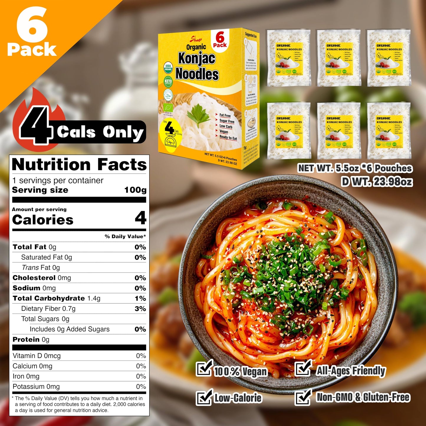 Organic Shirataki Konjac Noodles Low Calorie - 6 Pack Shirataki Noodles, Healthy Diet, Low Carb, Keto & Paleo Friendly, Vegan, G