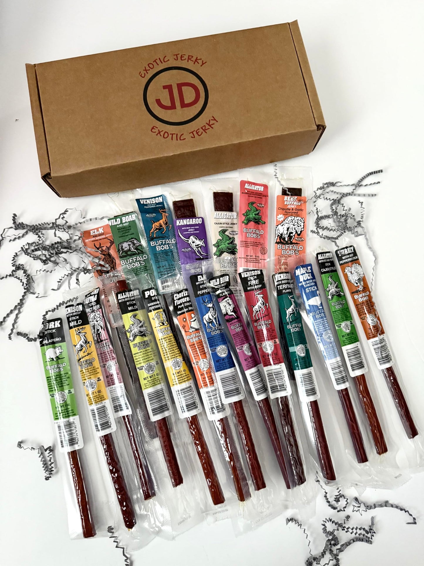 Buffalo Bobs Exotic Jerky Gift Box - Staff Favorite 20 Piece Assortment: Alligator, Buffalo, Venison, Beef, Ostrich, Duck, Elk - Bbq, Cajun, Peppered, Teriyaki