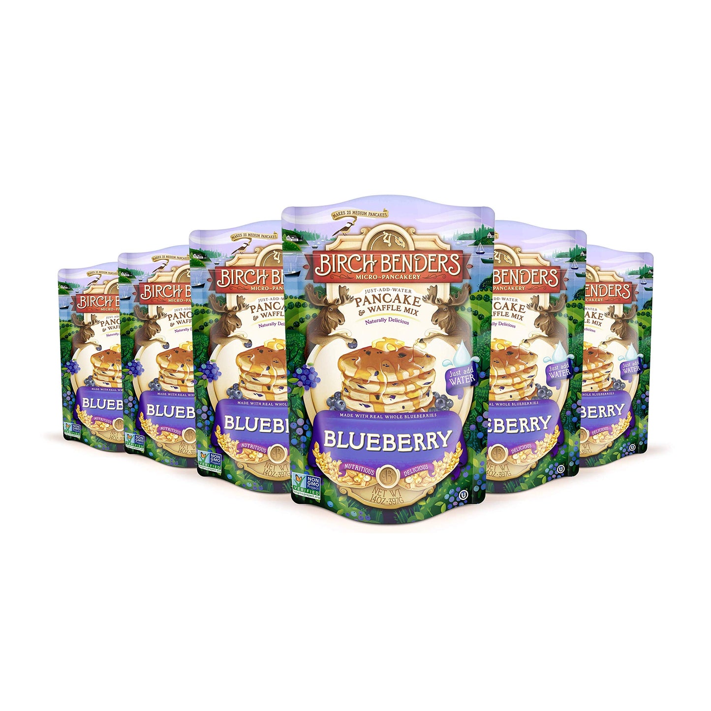 Blueberry Pancake & Waffle Mix By Birch Benders, Made With Real Blueberries, Non-Gmo, Just Add Water, Family Size, 14 Oz (Pack O