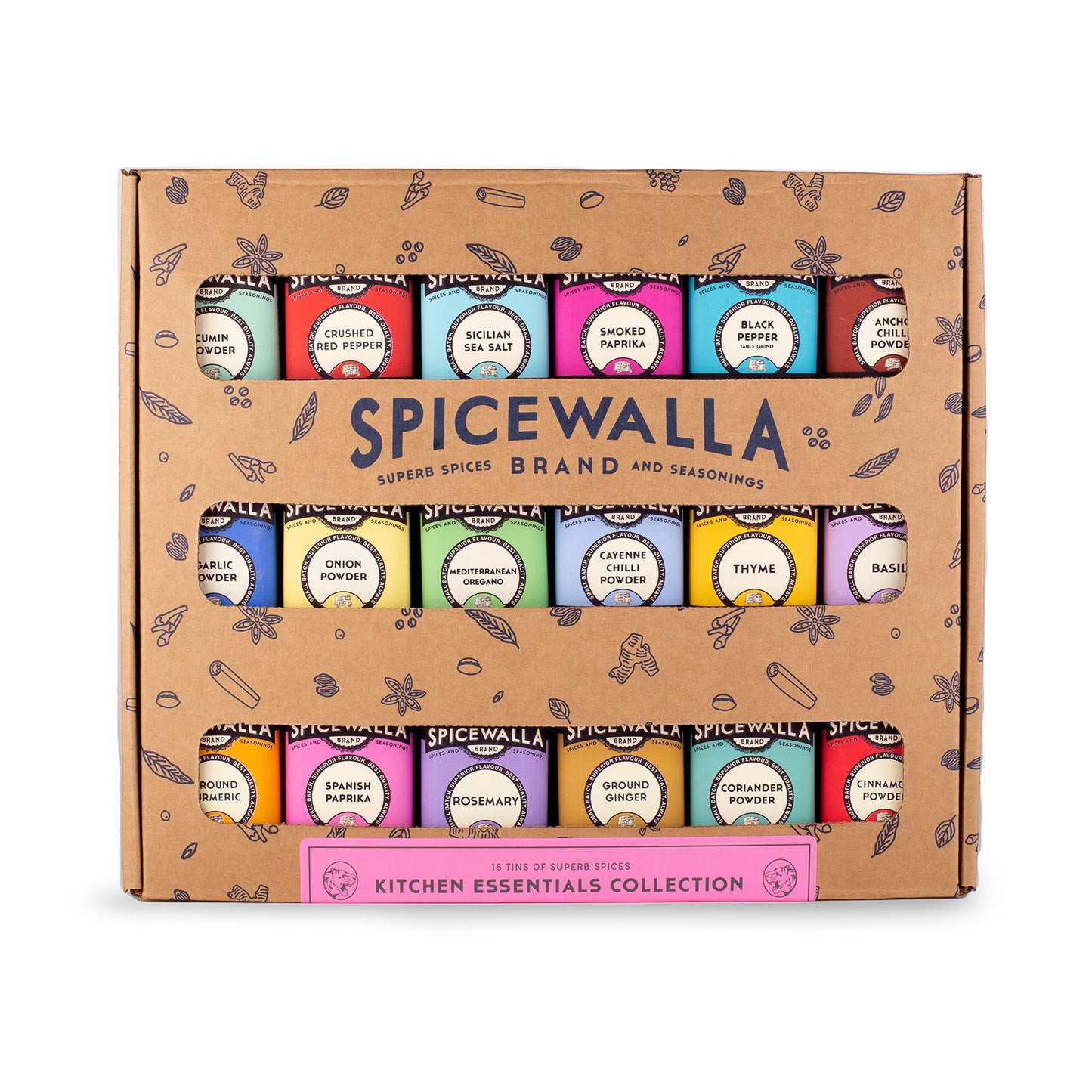 SPICEWALLA Essential Spices and Seasonings Set, 18 Piece Variety, Includes Garlic, Onion, Paprika, Oregano, Model S-PL-2841