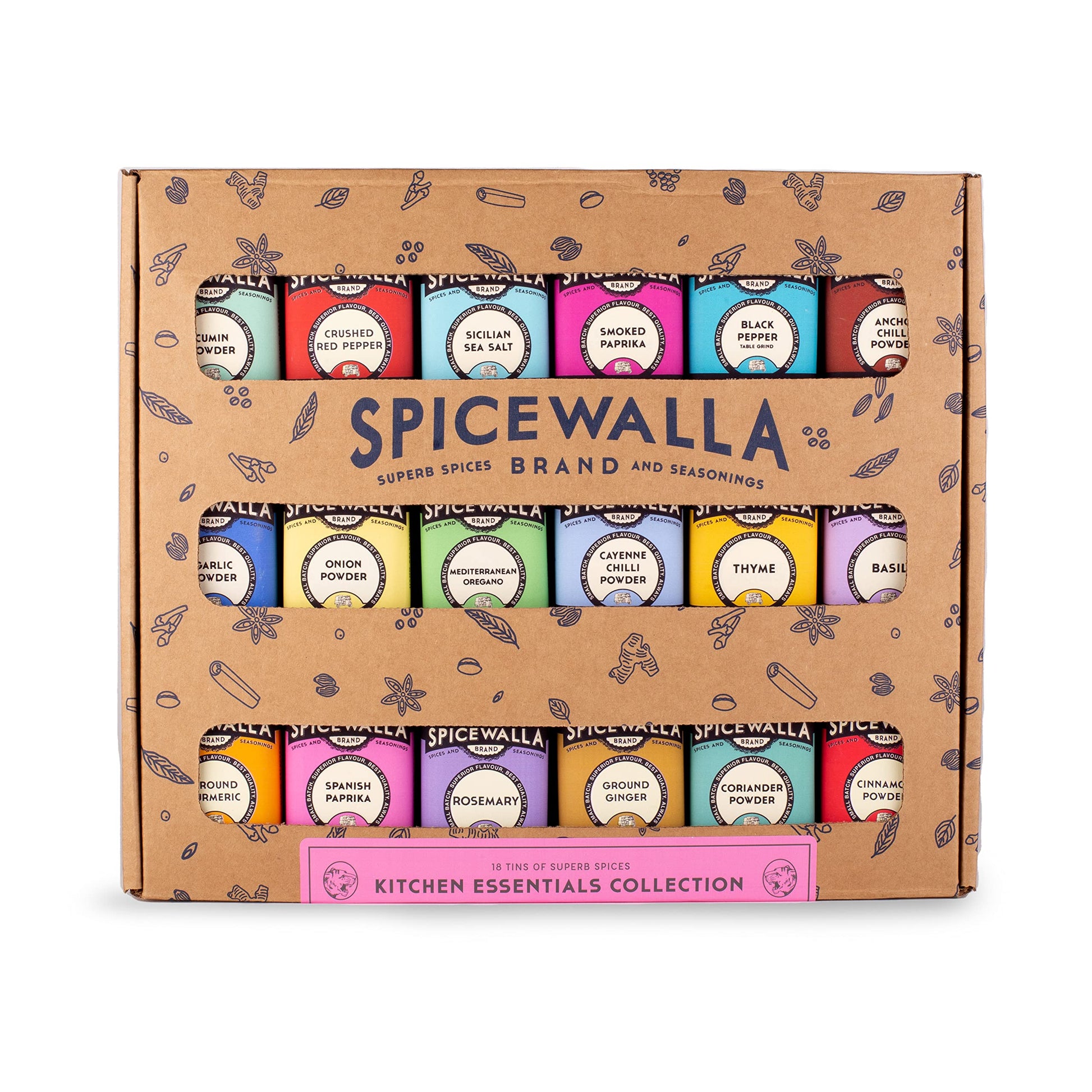 SPICEWALLA Essential Spices and Seasonings Set, 18 Piece Variety, Includes Garlic, Onion, Paprika, Oregano, Model S-PL-2841