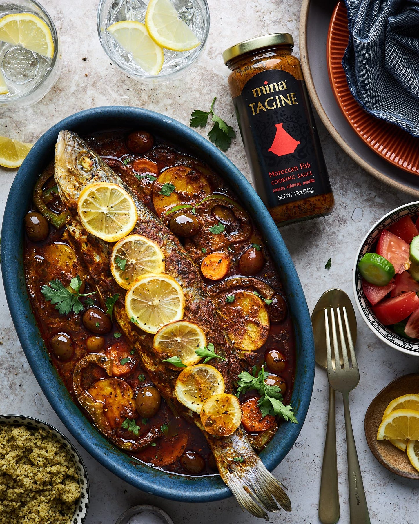 Mina Tagine Moroccan Fish Simmer Sauce Sauce, 12 oz - Tomato, Herbs & Spices, Moroccan Chermoula Sauce, Made with Lemon & Olive