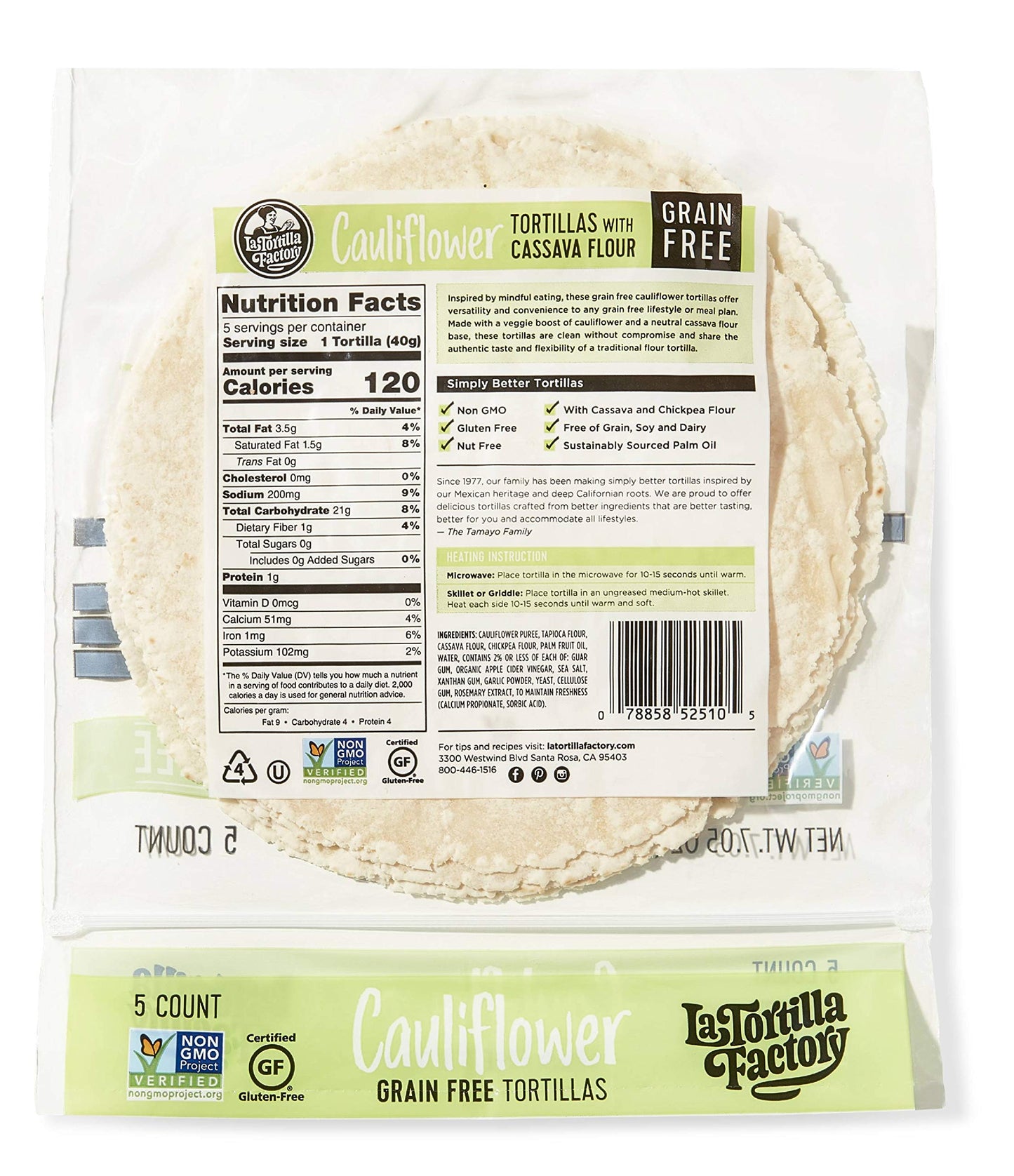La Tortilla Factory Grain-Free Cauliflower Tortillas, 5 Count (Pack of 6) - Healthy, Low-Carb Alternative for Tacos and Wraps